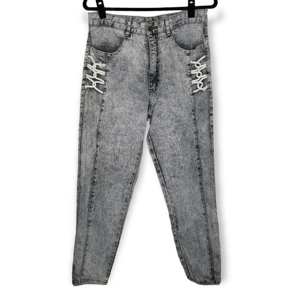 ❤️Vintage 80s Grunge Tapered High Waist Jeans Grey Acid Wash Lace up Hip